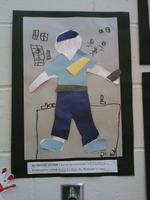 Some kindergarten art!  Kindergarten highlighted community heroes they wanted to be like.  See that fabulous police officer?
