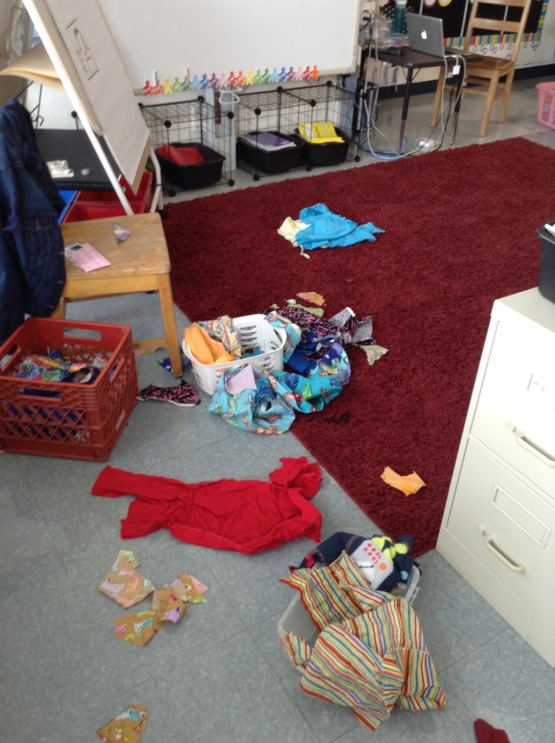 I just had to take a picture of this part of our rug as we worked.  Learning is messy, friends! (Don't worry--they know how to respect our environment and they picked it all up!).