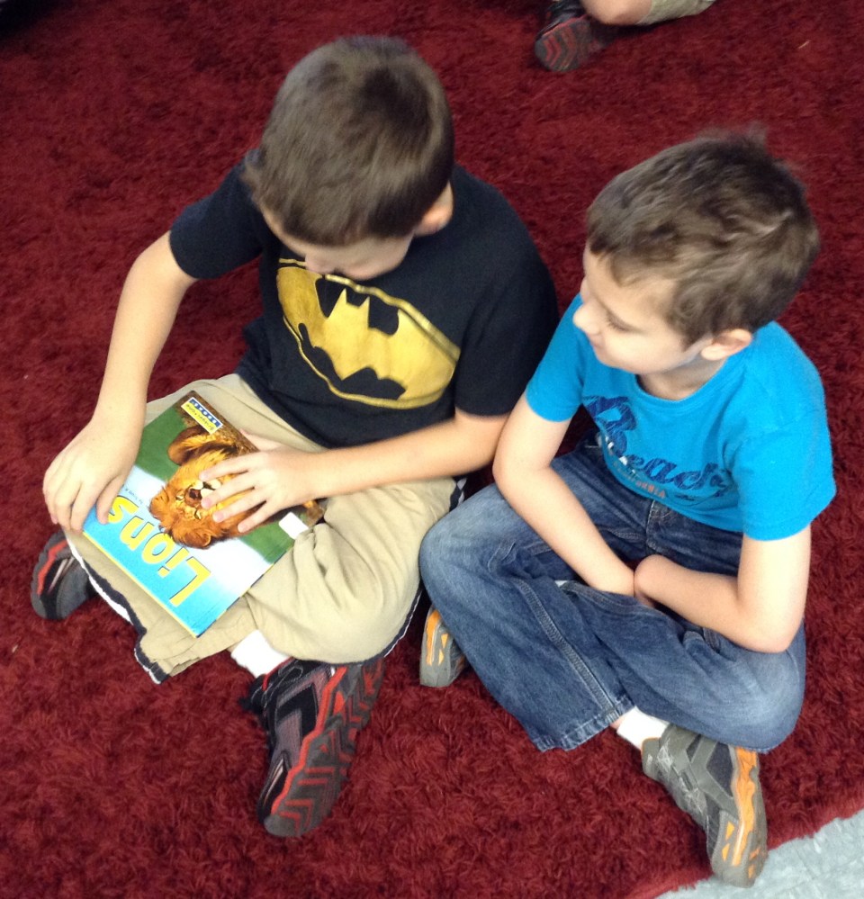 JKB and Thomas checking out a non-fiction text about lions.