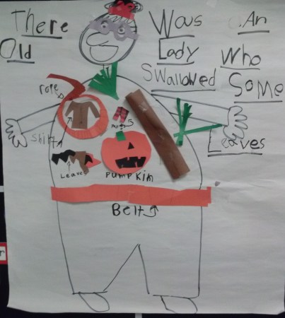 There Was an Old Lady Who Swallowed Some Leaves by Lucile Colandro: This one shows our super work at labels using interactive writing. Plus, this old lady is super stylish with a belt, some glasses and a bow in her hair. :)