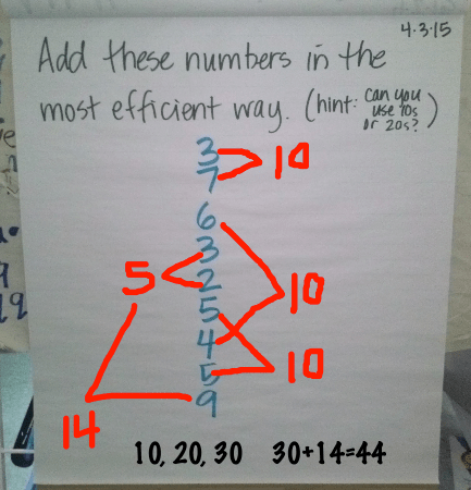 This one was actually the warm-up from Friday (when I was out of the classroom), and I showed the sub how to record the combinations of 10s.